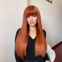 Orange Long Straight Hair Wigs With Bangs Heat Resistant Synthetic Costume