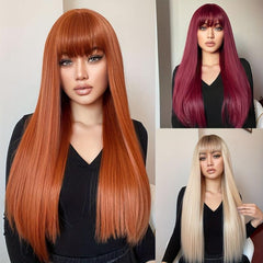 Orange Long Straight Hair Wigs With Bangs Heat Resistant Synthetic Costume