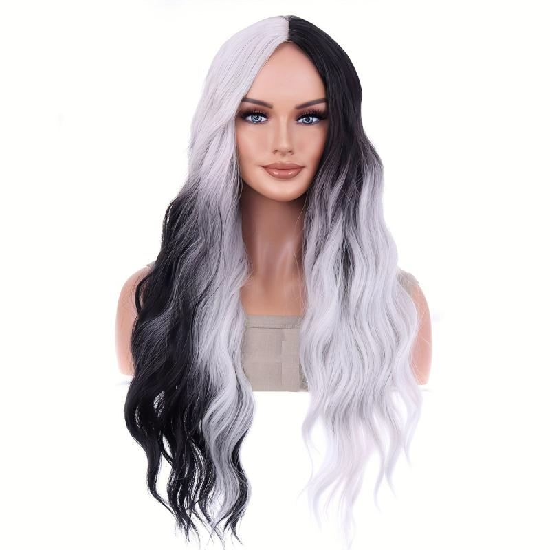 Long Curly Synthetic Wig Halloween Cosplay Party Two Tone Wig Gemini Hair Wig