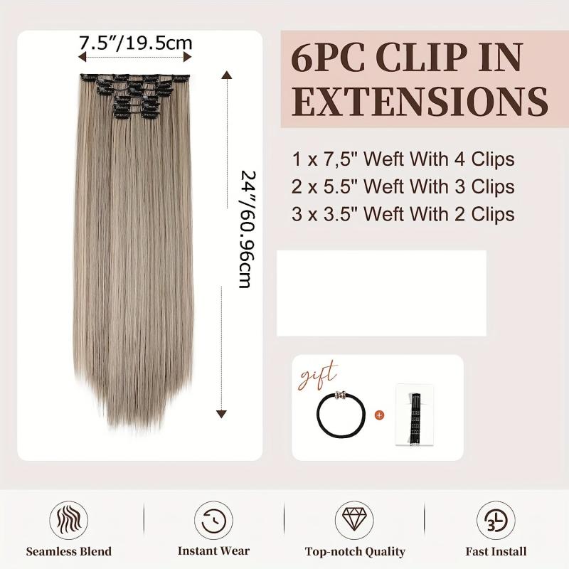 6pcs Long Straight Synthetic Hair Extension Thick Hairpieces