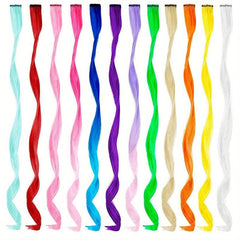 12Pcs Party Highlight Clip Hair Extensions 55 Colored Straight Wavy Hairpieces