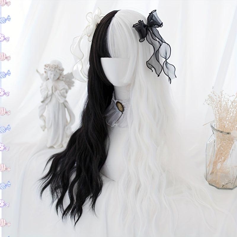 Long Curly Wave Cut Wig With Bangs Pink Purple Natural Long Heat Resistant Hair