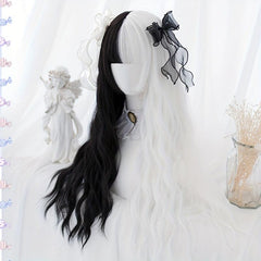 Long Curly Wave Cut Wig With Bangs Pink Purple Natural Long Heat Resistant Hair