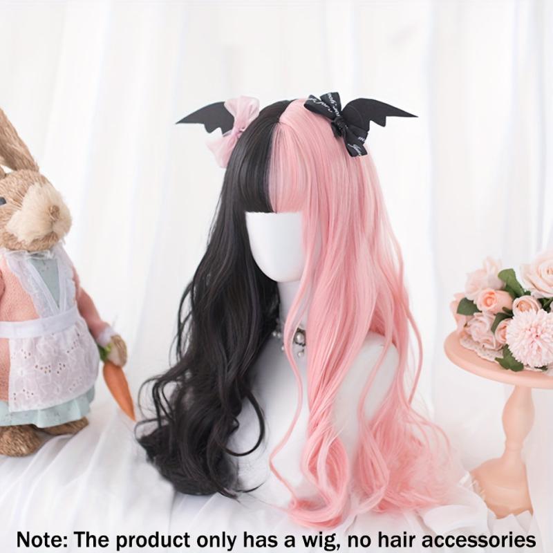Long Curly Wave Cut Wig With Bangs Pink Purple Natural Long Heat Resistant Hair