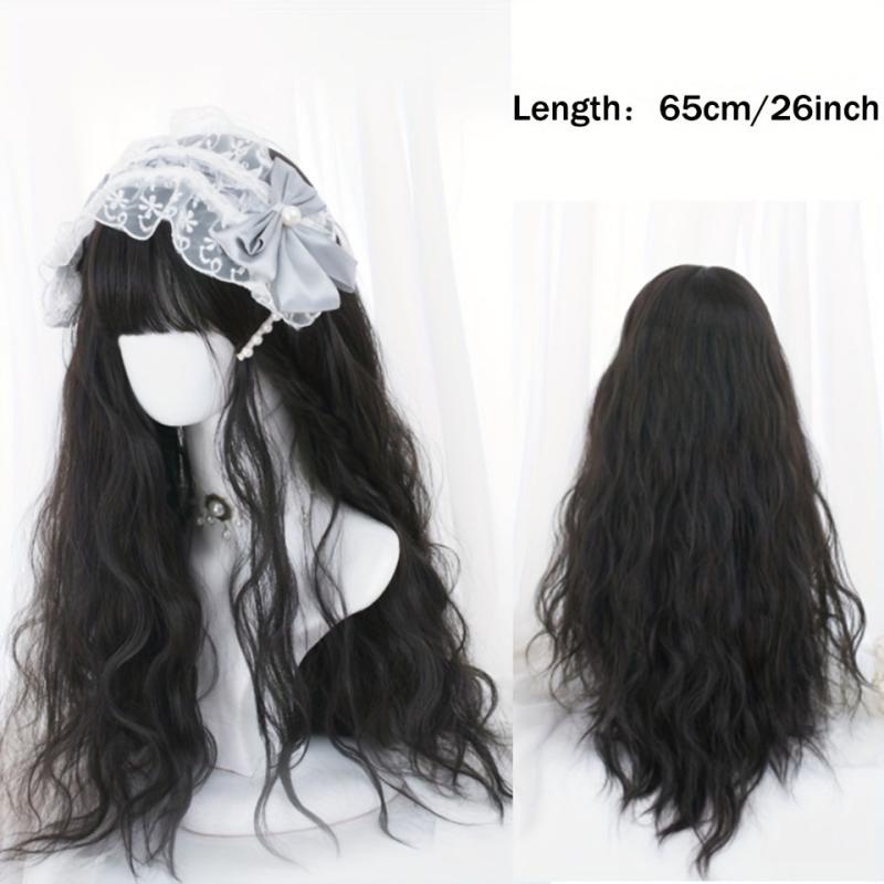 Long Curly Wave Cut Wig With Bangs Pink Purple Natural Long Heat Resistant Hair