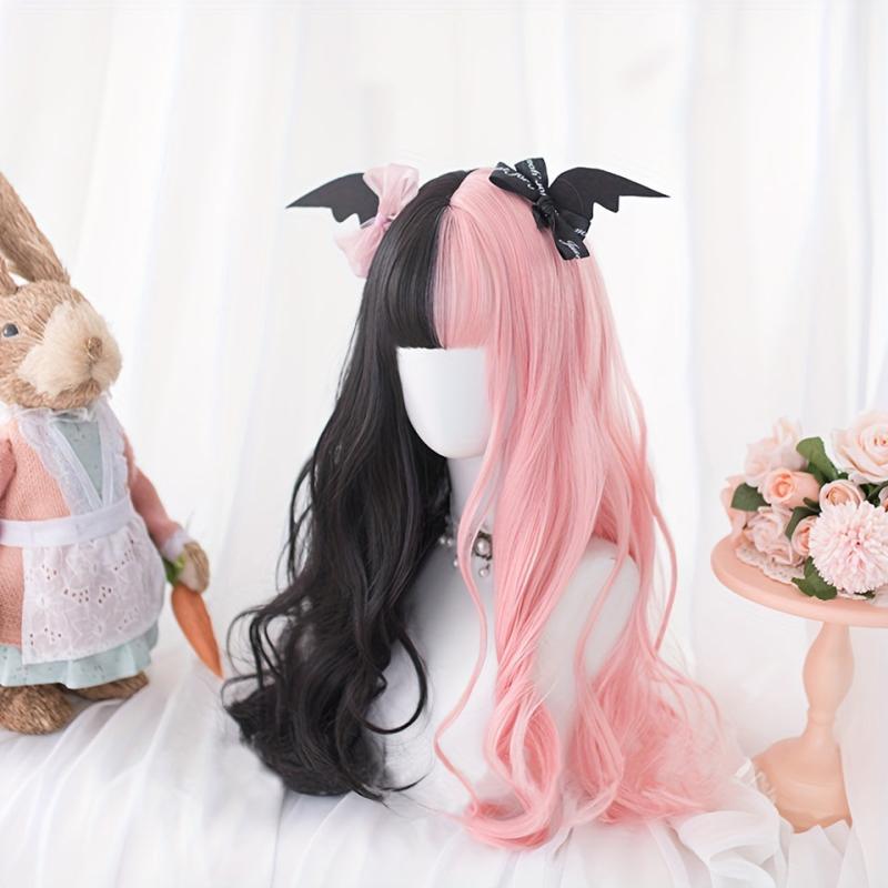 Long Curly Wave Cut Wig With Bangs Pink Purple Natural Long Heat Resistant Hair