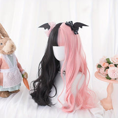 Long Curly Wave Cut Wig With Bangs Pink Purple Natural Long Heat Resistant Hair