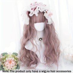 Long Curly Wave Cut Wig With Bangs Pink Purple Natural Long Heat Resistant Hair