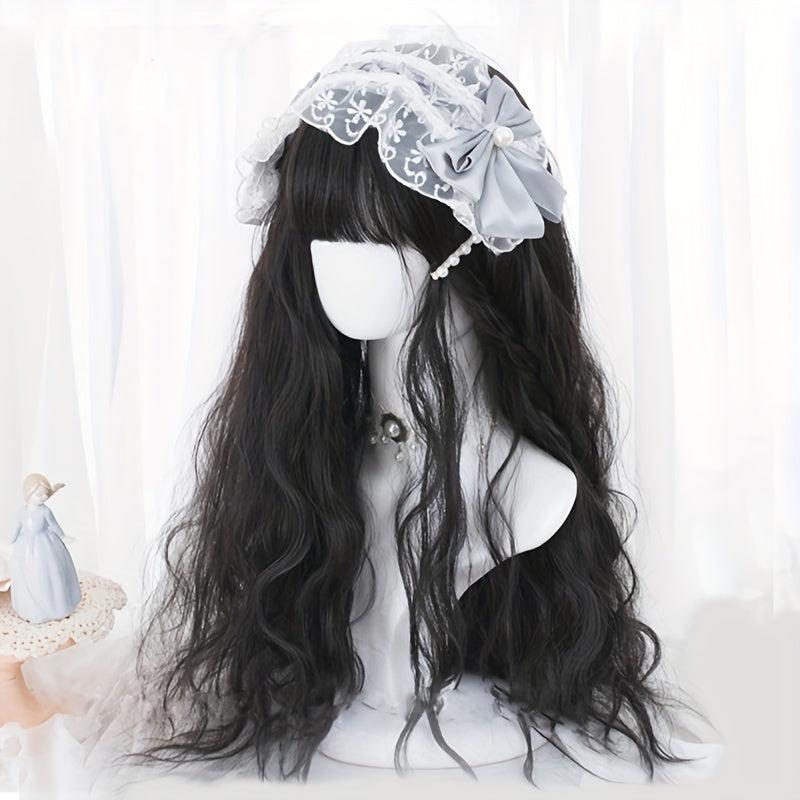 Long Curly Wave Cut Wig With Bangs Pink Purple Natural Long Heat Resistant Hair