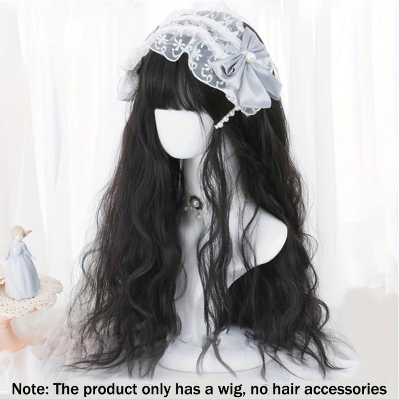 Long Curly Wave Cut Wig With Bangs Pink Purple Natural Long Heat Resistant Hair