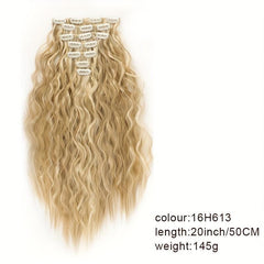 7 Piece Clip On Hair Extension Synthetic Water Wave Long Wavy Hair Piece 1B