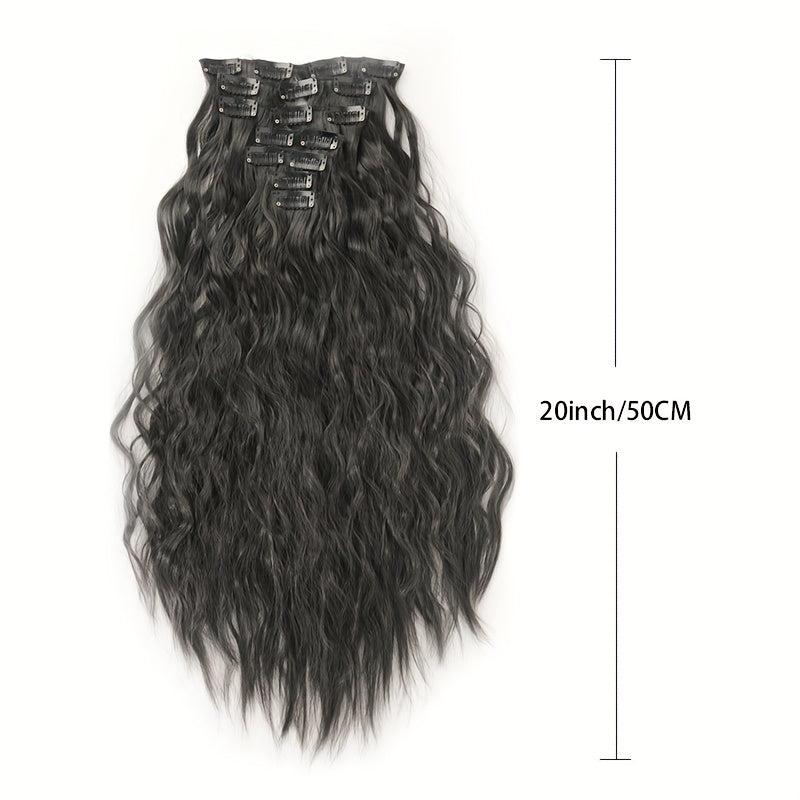 7 Piece Clip On Hair Extension Synthetic Water Wave Long Wavy Hair Piece 1B