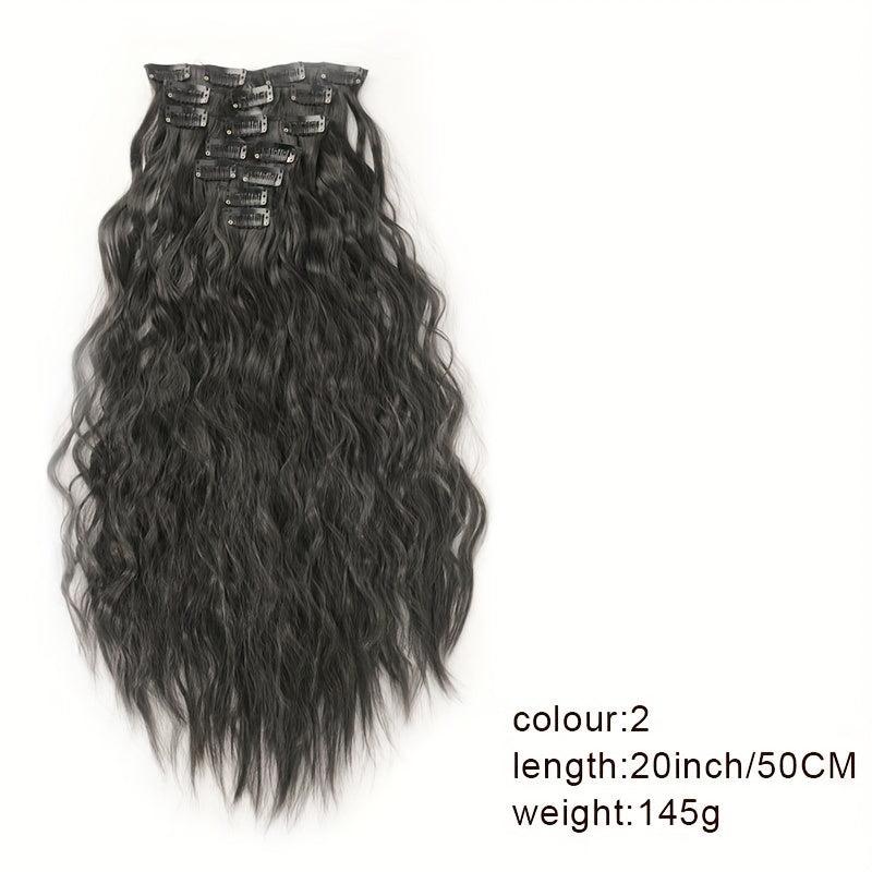 7 Piece Clip On Hair Extension Synthetic Water Wave Long Wavy Hair Piece 1B