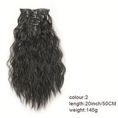 7 Piece Clip On Hair Extension Synthetic Water Wave Long Wavy Hair Piece 1B