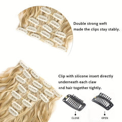 7 Piece Clip On Hair Extension Synthetic Water Wave Long Wavy Hair Piece 1B