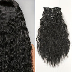 7 Piece Clip On Hair Extension Synthetic Water Wave Long Wavy Hair Piece 1B