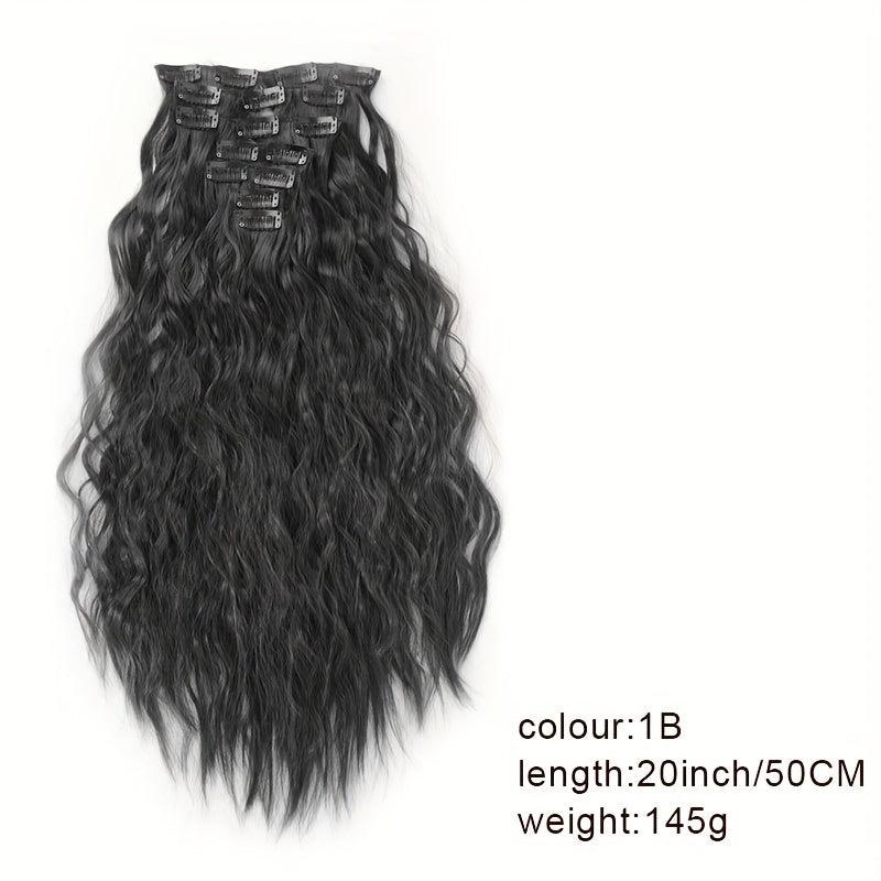 7 Piece Clip On Hair Extension Synthetic Water Wave Long Wavy Hair Piece 1B