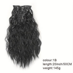 7 Piece Clip On Hair Extension Synthetic Water Wave Long Wavy Hair Piece 1B