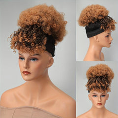 Afro Curly High Puff With Bangs Synthetic Hair Bun Clips In Hair Extensions