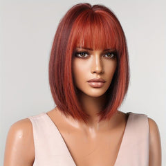 Wine Red Short Bob Wig with Bangs for Daily Party Cosplay