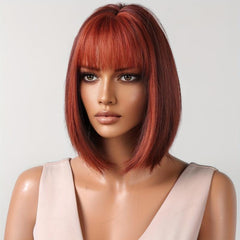Wine Red Short Bob Wig with Bangs for Daily Party Cosplay