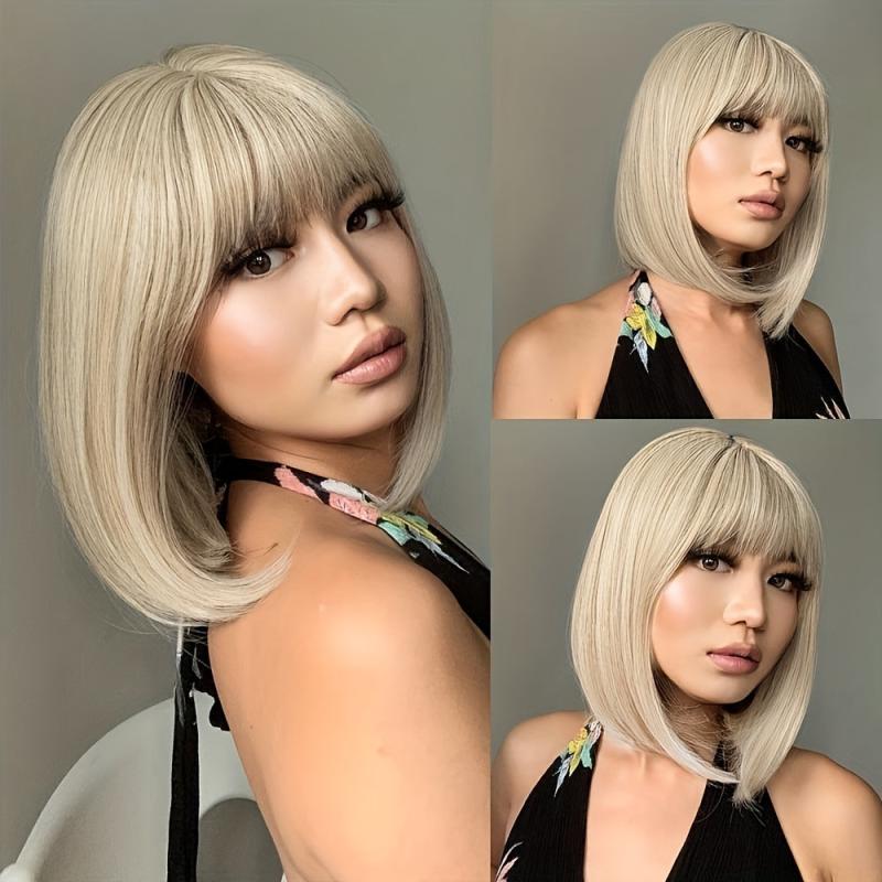 Short Straight Bob Wigs With Bangs Colorful Synthetic Hair Wigs for Women