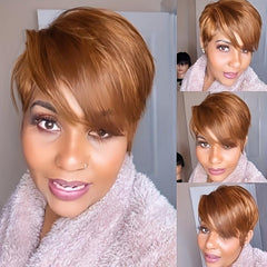 Natural Layered Short Brown Wigs With Blonde Highlights Synthetic Pixie Cut Wigs