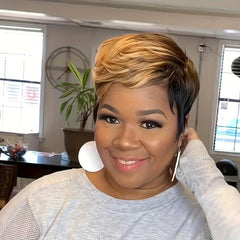 Natural Layered Short Brown Wigs With Blonde Highlights Synthetic Pixie Cut Wigs