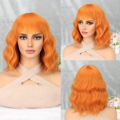 Orange Short Bob Curly Wavy Hair Wigs With Bangs Synthetic Hair Replacement Wigs