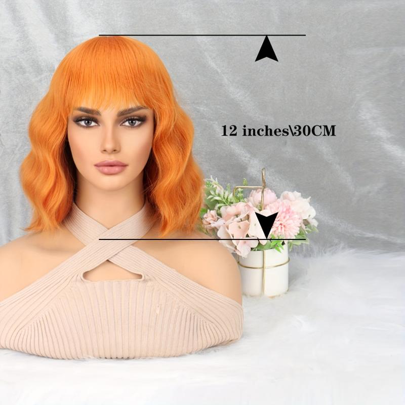 Orange Short Bob Curly Wavy Hair Wigs With Bangs Synthetic Hair Replacement Wigs
