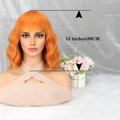 Orange Short Bob Curly Wavy Hair Wigs With Bangs Synthetic Hair Replacement Wigs