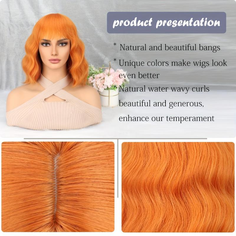 Orange Short Bob Curly Wavy Hair Wigs With Bangs Synthetic Hair Replacement Wigs