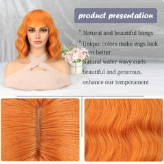 Orange Short Bob Curly Wavy Hair Wigs With Bangs Synthetic Hair Replacement Wigs