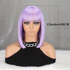 Purple Short Bob Cut Wigs 30 48 Cm Straight Hair Wigs With Bangs