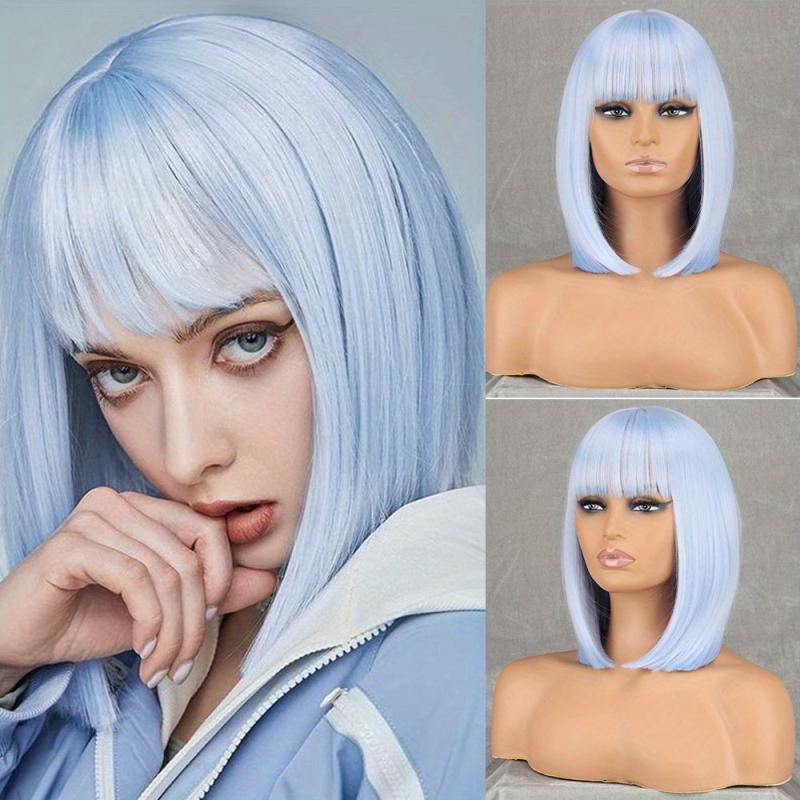 Purple Short Bob Cut Wigs 30 48 Cm Straight Hair Wigs With Bangs