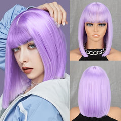 Purple Short Bob Cut Wigs 30 48 Cm Straight Hair Wigs With Bangs