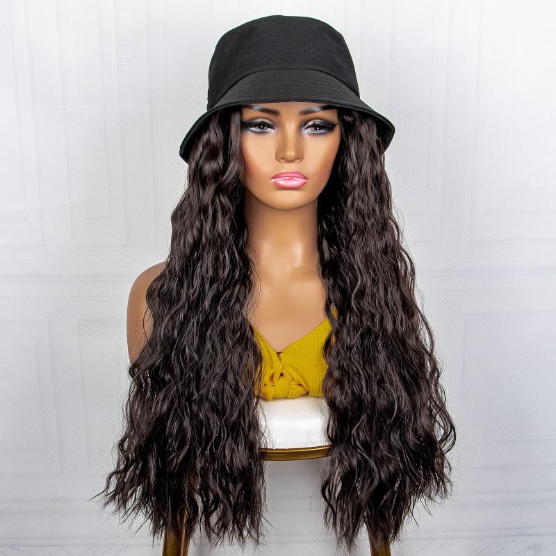 Long Curly Synthetic Wig With Fisherman Hat Wavy Extensions For Women