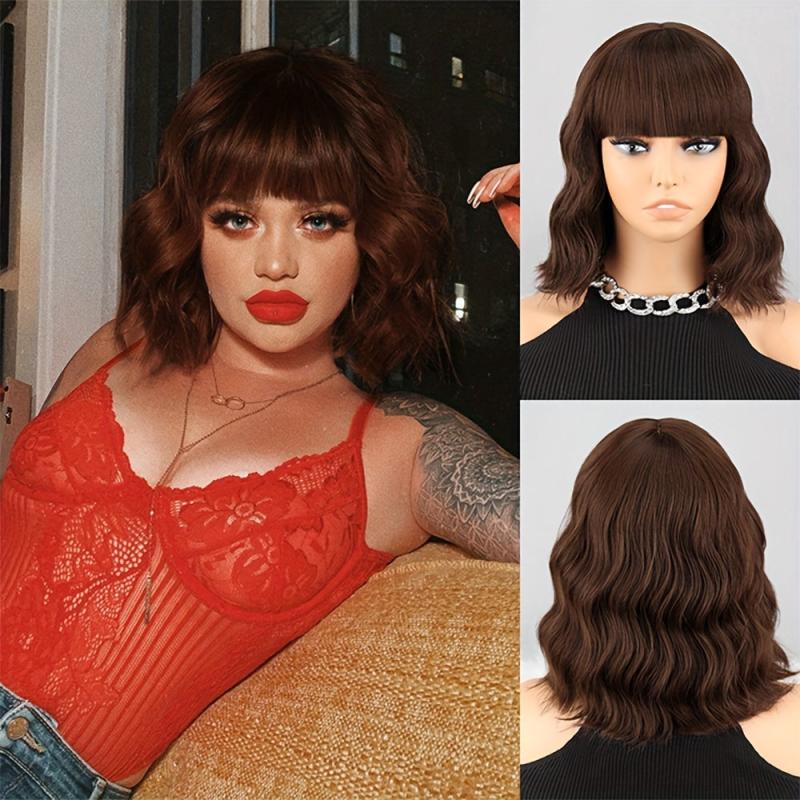 Short Water Wave Hair Wigs With Bangs For Women 30 48 Cm