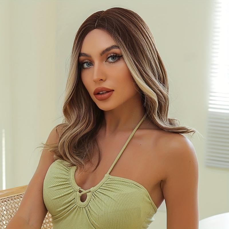 Ombre Brown Synthetic Curly Hair Wig 8 Cm Long Middle Parting Hair Wigs LC074 1