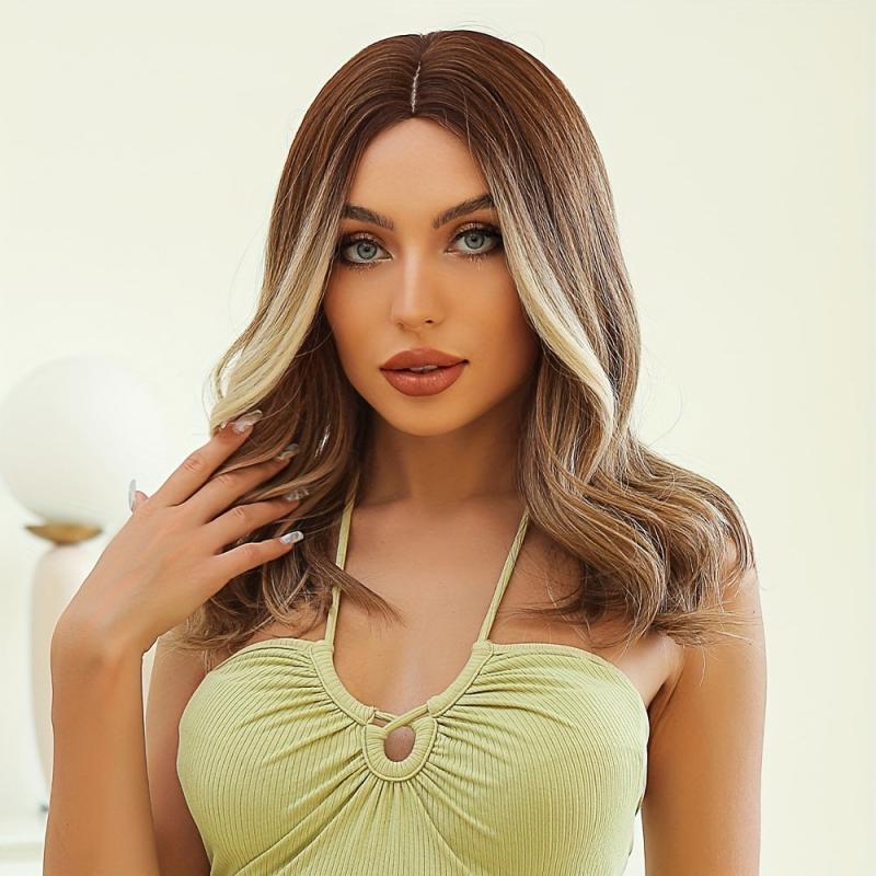 Ombre Brown Synthetic Curly Hair Wig 8 Cm Long Middle Parting Hair Wigs LC074 1