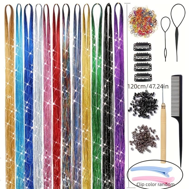 Hair Tinsel Kit 12 Colors 2400 Strands Hair Tinsel Heat Resistant Extensions