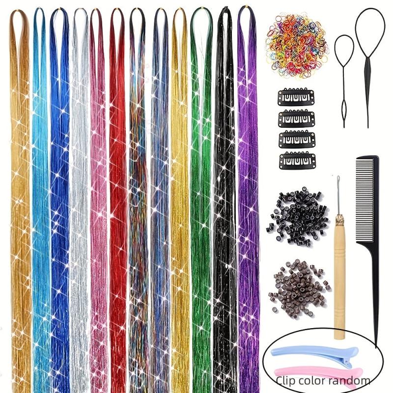 Hair Tinsel Kit 12 Colors 2400 Strands Hair Tinsel Heat Resistant Extensions