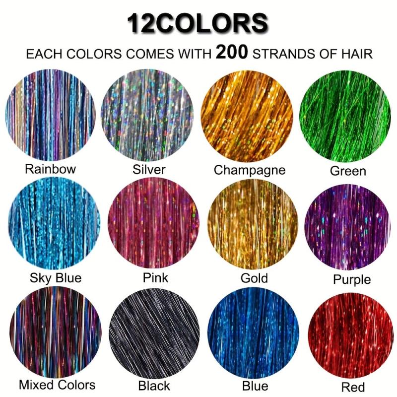 Hair Tinsel Kit 12 Colors 2400 Strands Hair Tinsel Heat Resistant Extensions