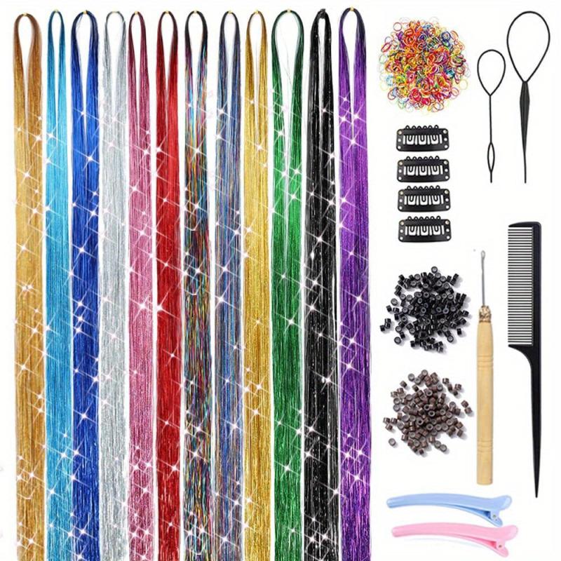 Hair Tinsel Kit 12 Colors 2400 Strands Hair Tinsel Heat Resistant Extensions