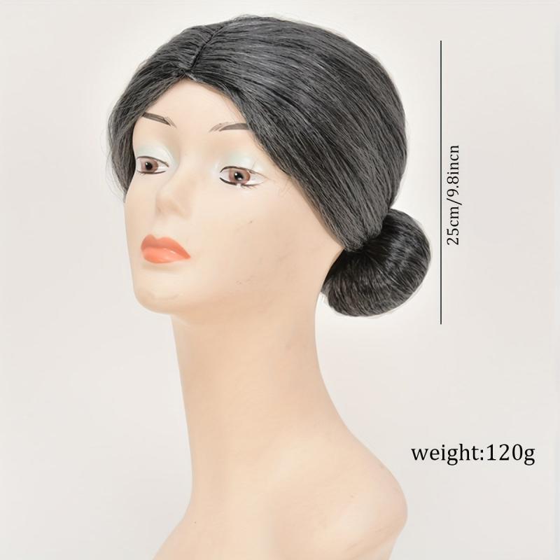 Grey Straight Wig With Hair Bun Synthetic Wig For Halloween