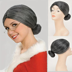 Grey Straight Wig With Hair Bun Synthetic Wig For Halloween