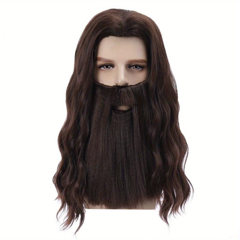 Christmas Old Men's Wig Long Curly Wig With Beard Synthetic Wig For Halloween