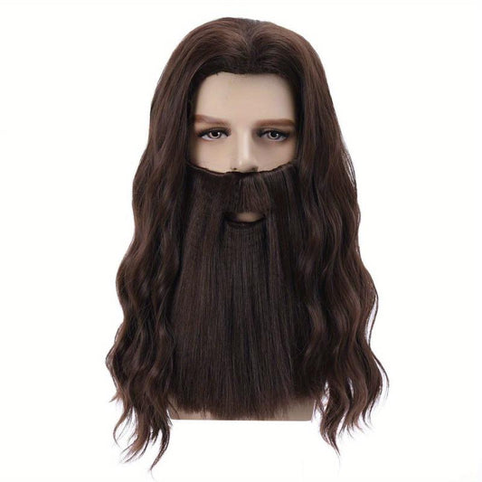 Christmas Old Men's Wig Long Curly Wig With Beard Synthetic Wig For Halloween
