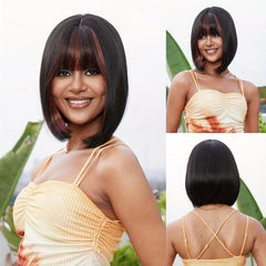 Two Tone Straight Bob Wig With Bangs Natural Synthetic Bob Wig For Women