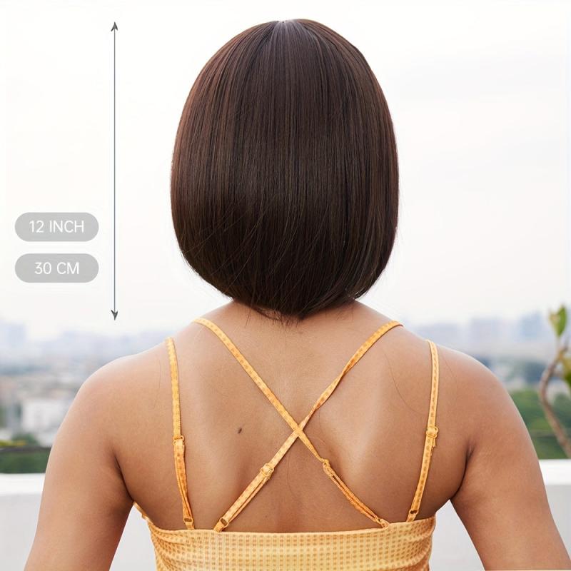 Two Tone Straight Bob Wig With Bangs Natural Synthetic Bob Wig For Women